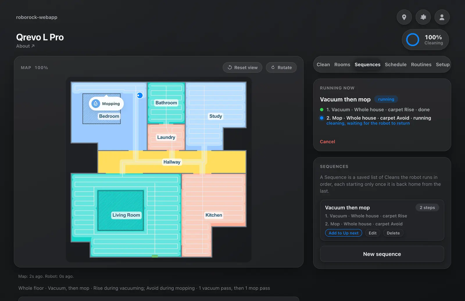 The app in dark mode: a Sequence running, step 1 done, step 2 mopping
